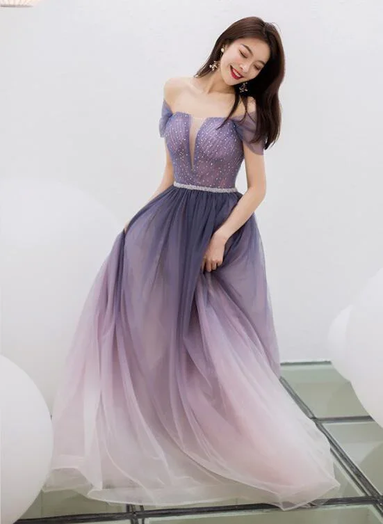 Purple Gradient Beaded Tulle Long Chich Party Dress, A-line Tulle New Prom Dress Formal Dress gh2095