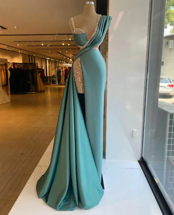 Green Sexy V Neck Mermaid Evening Dresess Sequins Women Prom Gowns robes de soirée Split Satin Formal Party gh1114