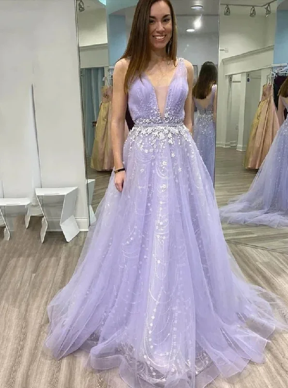 Elegant A Line Long Prom Dress Appliques Tulle Deep V Neck Party Dresses gh2250