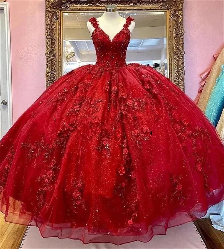 Red elegant charming applique long prom dress evening gown handmade flowers fluffy custom 3d flowers new arrival party dress gh912