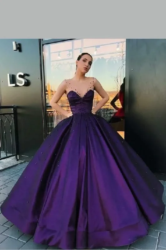 Purple Satin Ball Gown Dinner Party Dress with Illusion Straps,Prom Dresses  gh2195