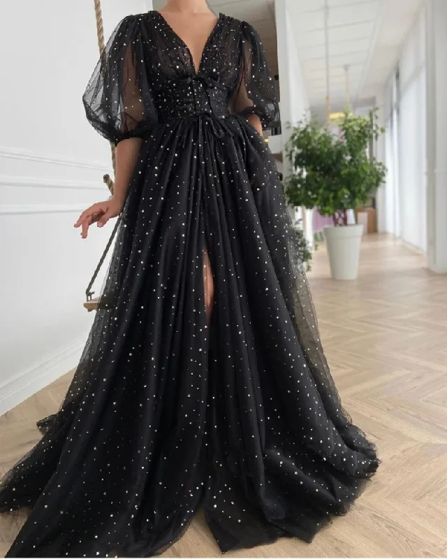 Starry Black Tulle Prom Dress, Starry Tulle Mesh Dress, Plus Size Prom Dress, Graduation Party Dress, Formal Ball Gown, Bridesmade Dress gh1824