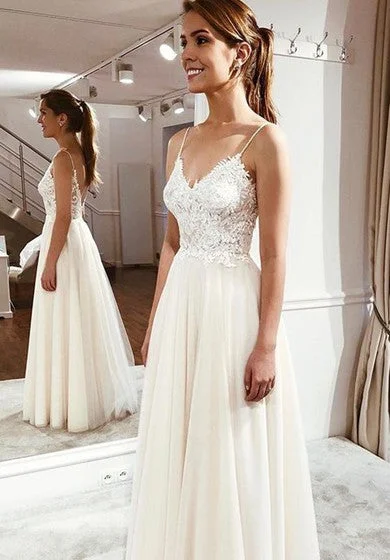 Cute Simple Spaghetti Wedding Dress With Lace Appliques And Ethereal Tulle Skirt