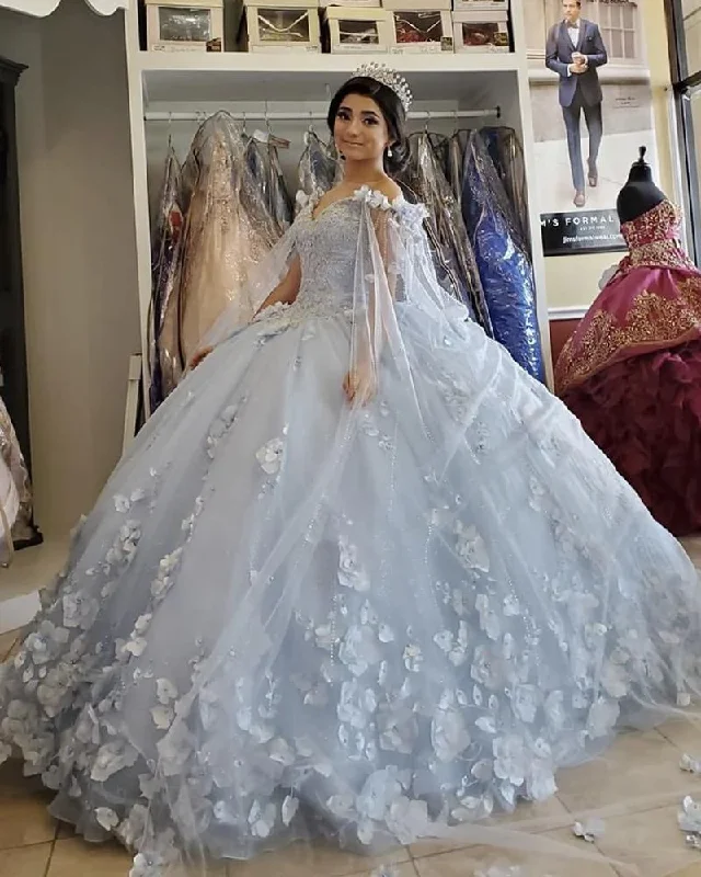 Light blue long ball gown evening gown quinceanera dress off the shoulder floral sequin beads fluffy party princess sweet 16 dress gh976