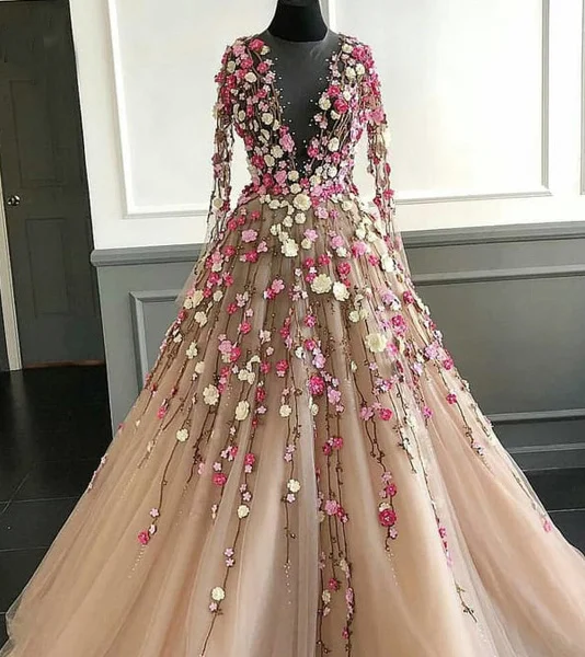 Puffy Long Sleeves Tulle Prom Dress with Lace Flowers, Long Party Dress with Beautiful Flowers  gh2280