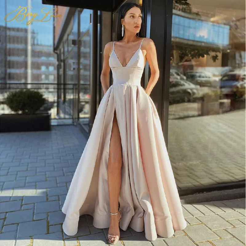 Llyge Sexy V Neck Satin Evening Dresses Spaghetti Strap Side Slit Prom Dress High Waist Evening Gowns Party Dress  gh1012