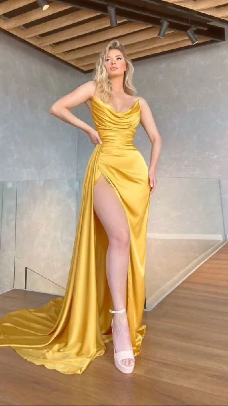 Yellow Sexy V-Neck Long Formal Prom Dress , Mermaid Evening Dress, Strapless High Side Split, Prom Dresses for Celebrity Party Gowns   gh1874