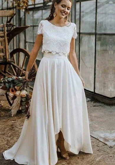 Bohemian Bateau Satin and Lace Two Piece Floor-length Short Sleeve Wedding Dress with Pleats