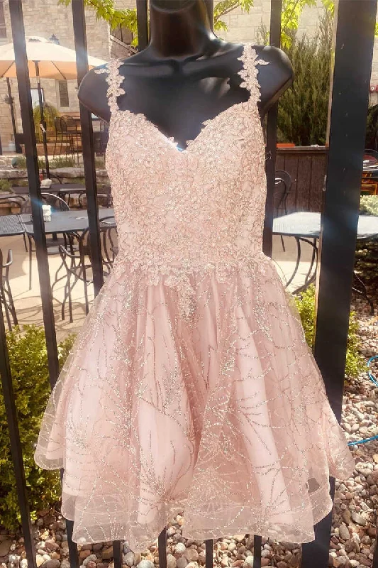 Pink Appliques V-Neck A-Line Short Party Dress  gh1411