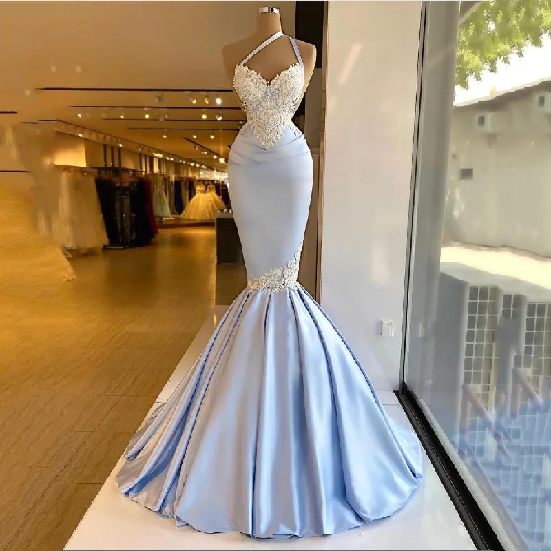 Light blue evening gown sexy one shoulder applique satin mermaid prom dress long party dress plus size gh2137