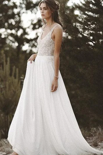 Chiffon Lace Brush Train A Line Sleeveless Bohemian Wedding Dress with Beading