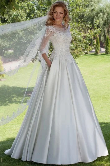 Floor-Length Ball Gown Appliqued Scoop Neck 3-4 Sleeve Satin Wedding Dress