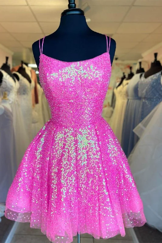 Sparkle A-line Barbie Pink Sequins Short Party Dress gh1482