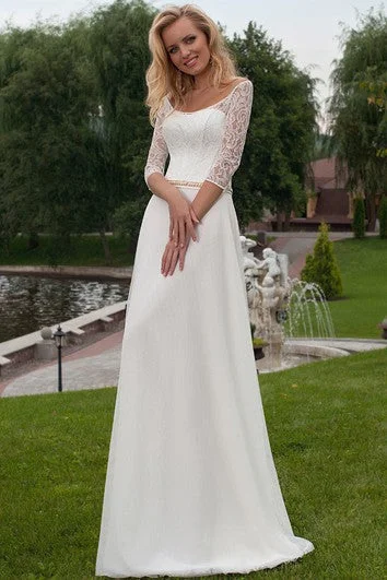 Appliqued 3-4 Sleeve Scoop Neck Chiffon Wedding Dress