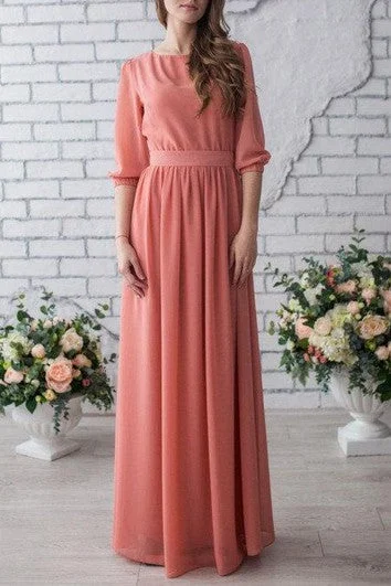 Occasion Long Chiffon Peach Wedding Mother Of The Bride With Sleeve Dress