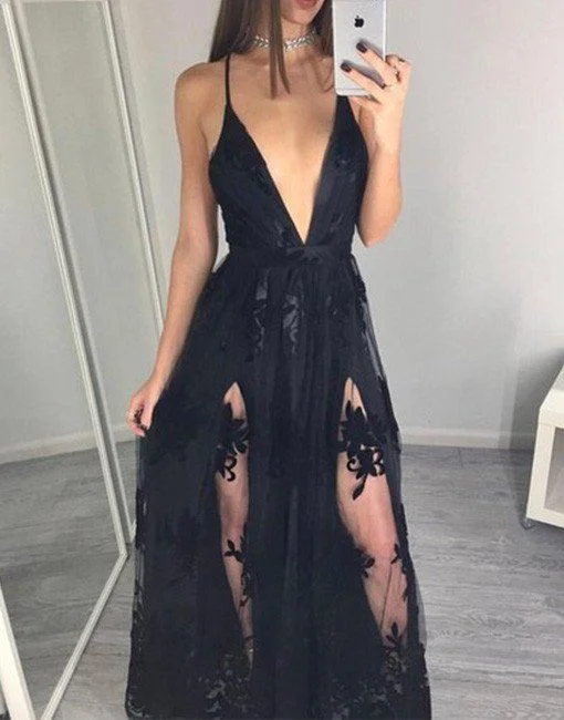 Sexy Prom Dress,Black Deep V Neck Prom Dress,Lace Evening Dress,Sleeveless Evening Party Dress  gh1036