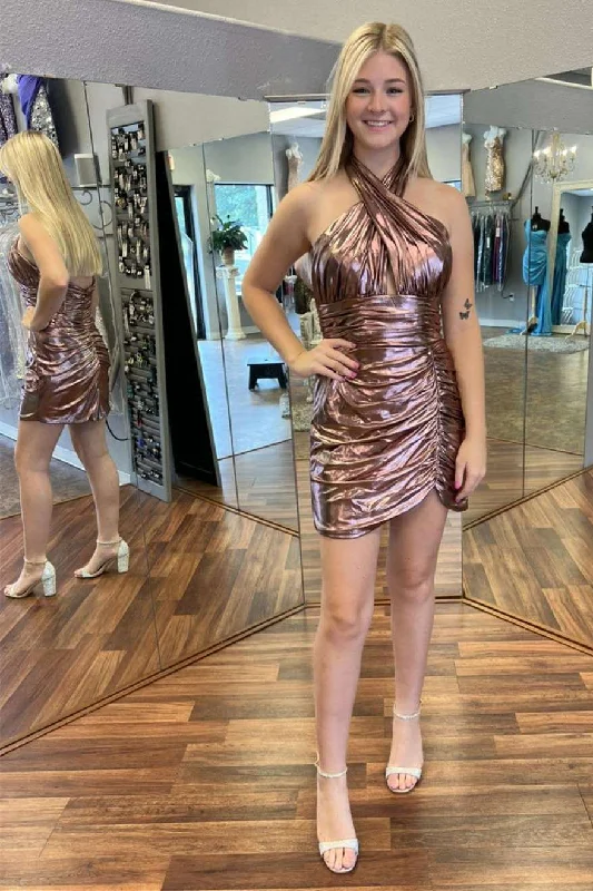 Bronze Halter Ruched Short Party Dress gh1264