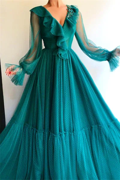 CHIC LONG SLEEVESS V-NECK PROM PARTY GOWNS| AFFORDABLE BEADING GREEN LONG PROM PARTY GOWNS  gh1832