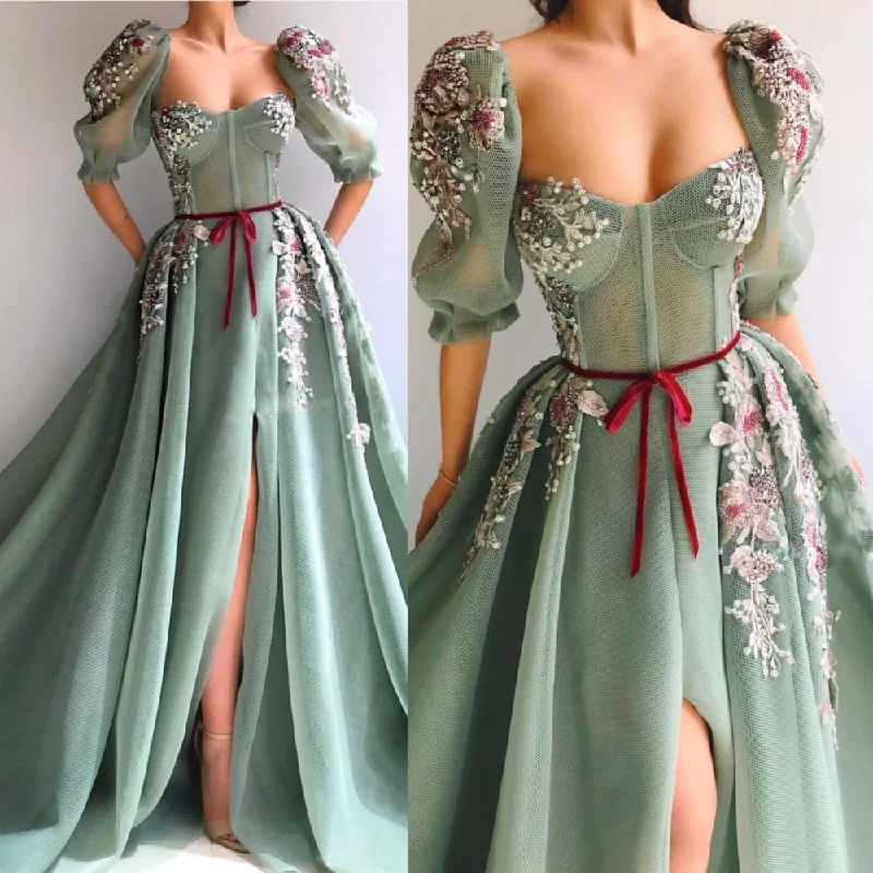 CINESSD BACK TO SCHOOL OUTFIT MINT GREEN EVENING DRESS 2024 HALF SLEEVES SWEETHEART NECK HIGH SLIT LACE BEADED APPLIQUES A-LINE DUBAI PROM PARTY GOWNS LONG gh1827