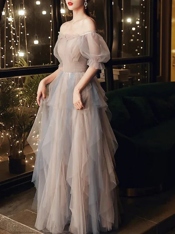 A-Line Prom Dresses Color Block Dress Wedding Party Floor Length Half Sleeve Scoop Neck Tulle with Pleats Ruffles gh2228