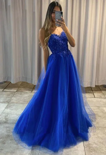 Blue A Line Tulle With Lace Sparkly Beads Long Prom Dress With Train,Party Dress,Evening Dressgh2252