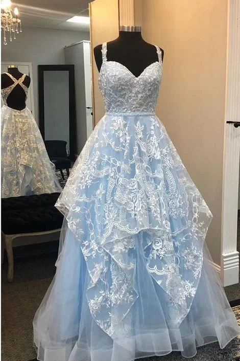 Elegant A Line Blue Open Back Appliques Prom Dress, Long Evening Party Dress gh1183