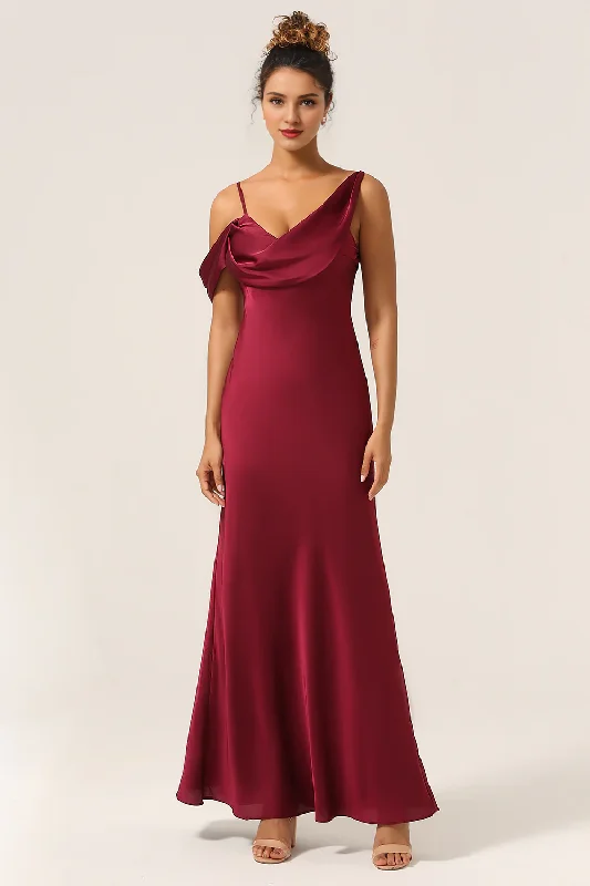 Cabemet fishtail floor length satin sleeveless bridesmaid dress