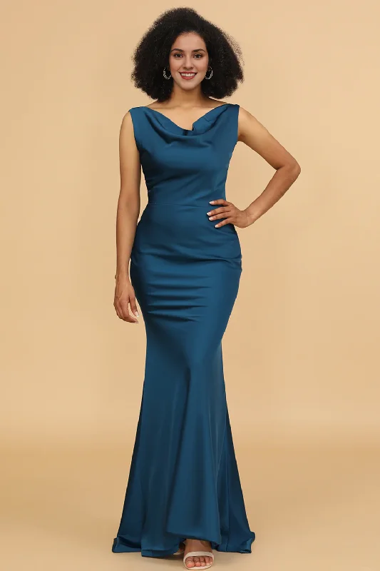 Ink blue fishtail collar long satin bridesmaid dress