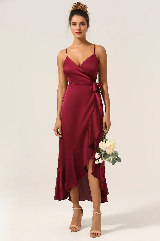 Wine red ruffled asymmetrical thin shoulder bridesmaid dress