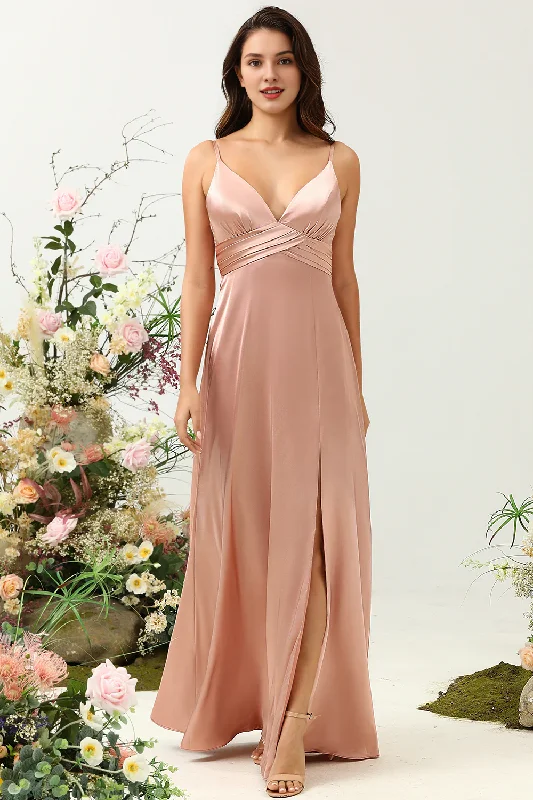 Powder blusher A-line thin shoulder belt bright slit satin bridesmaid dress