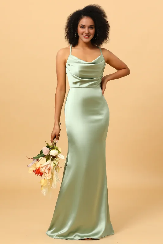 Sage fishtail neckline long satin bridesmaid dress