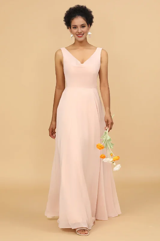 Pink A-line V-neck chiffon long bridesmaid dress