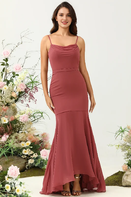 Desert Rose Mermaid Thin Shoulder Strap Asymmetric Chiffon Bridesmaid Dress