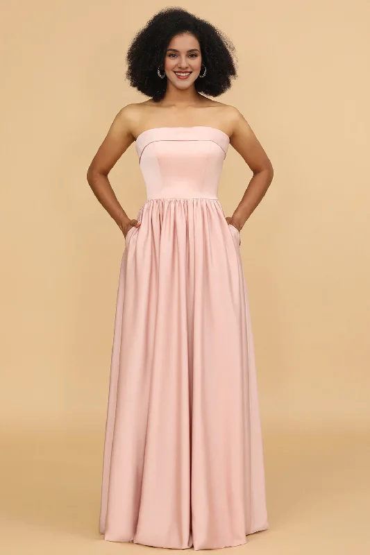 Pink A-line strapless satin long bridesmaid dress