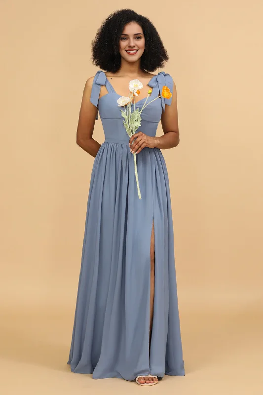 Grey blue A-line floor mopping chiffon slit bridesmaid dress