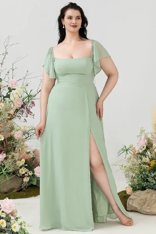 Green A-line shoulder length plus plus size ruffled polyester bridesmaid dress