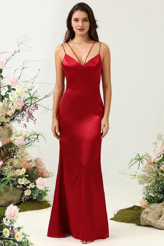 Tail tail thin shoulder strap backless wine red satin long bridesmaid dress