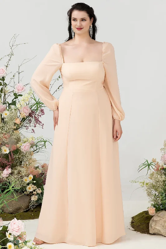 Champagne A-line square neck chiffon plus size bridesmaid dress