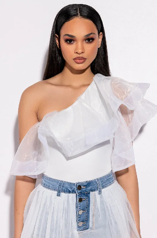 HEAVENLY ONE SHOULDER RUFFLE BODYSUIT