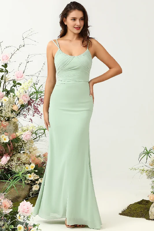 Sage fish tail hanging pleats thin shoulder straps pleated chiffon bridesmaid dress