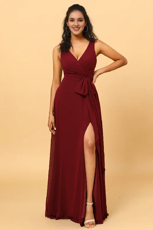 Cabernet Sauvignon V-neck sleeveless and floor chiffon bridesmaid dress