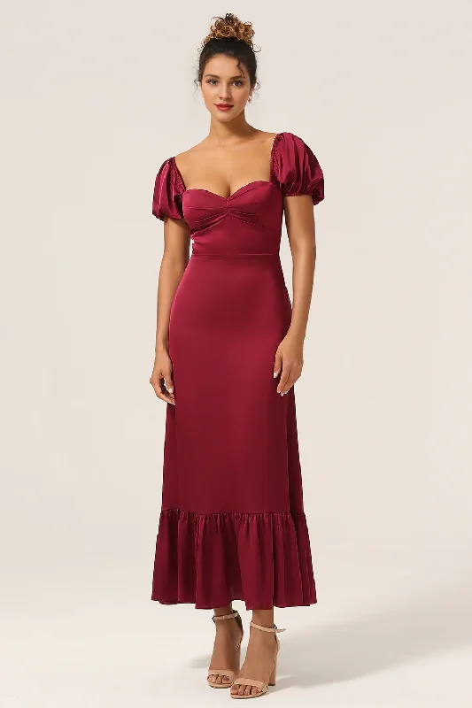 Wine red tight square neck tea long pleated satin bridesmaid dress