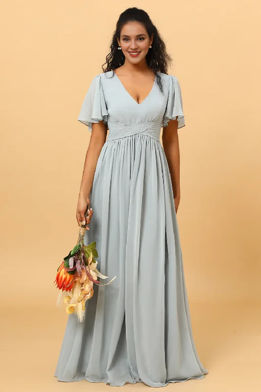 Grey blue A-line V-neck short sleeved chiffon bridesmaid dress