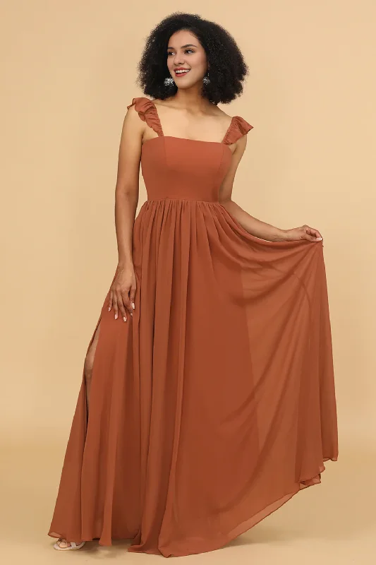 Red earth A-line ruffled and ground chiffon bridesmaid dress