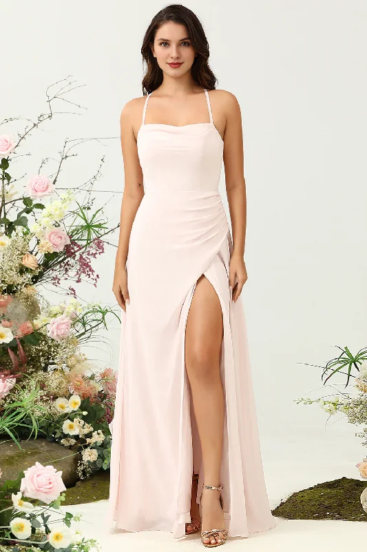 Pink A-line slim shoulder chiffon slit bridesmaid dress