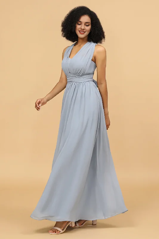 Grey blue A Line long chiffon bridesmaid dress with multiple dressing styles