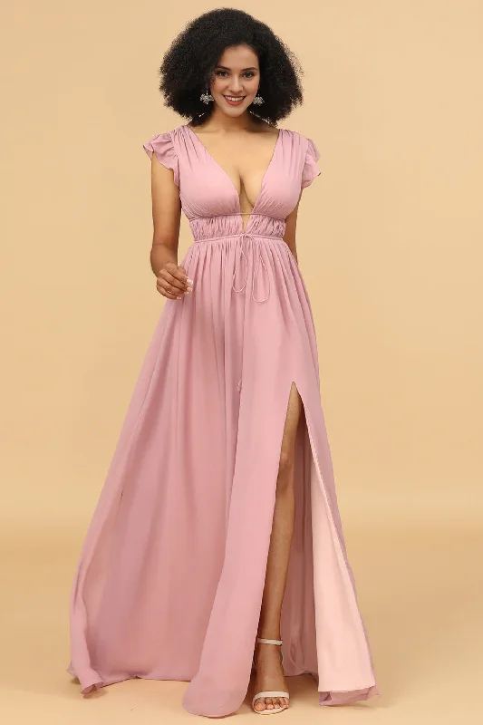 Pink A-line V-neck long slit chiffon bridesmaid dress