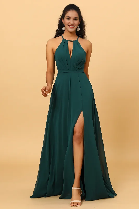 Pine A Line neck hanging sleeveless long chiffon slit bridesmaid dress