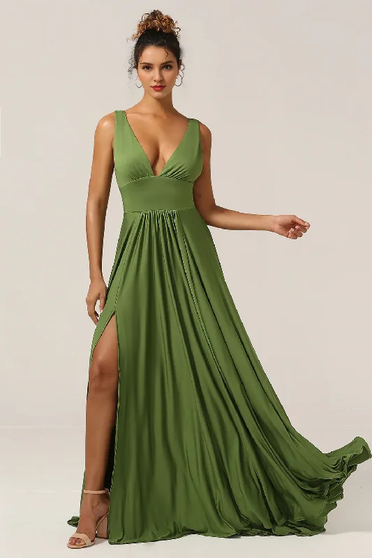 Olive A-line deep V-neck spandex and floor length slit bridesmaid dress