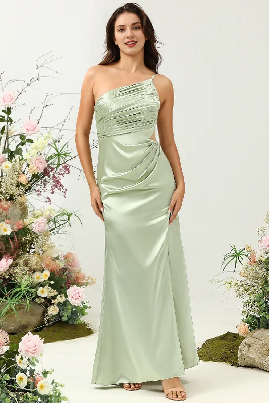 Sage A Line One Shoulder Bright Satin Split Bridesmaid Dress